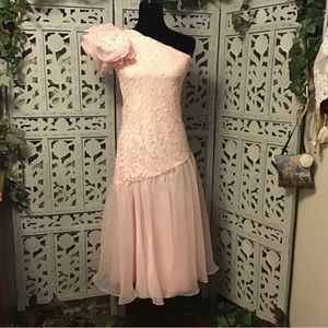 VINTAGE CATTIVA PERFECT PALE PINK LACE & CHIFFON ONE SHOULDER PROM DRESS GOWN